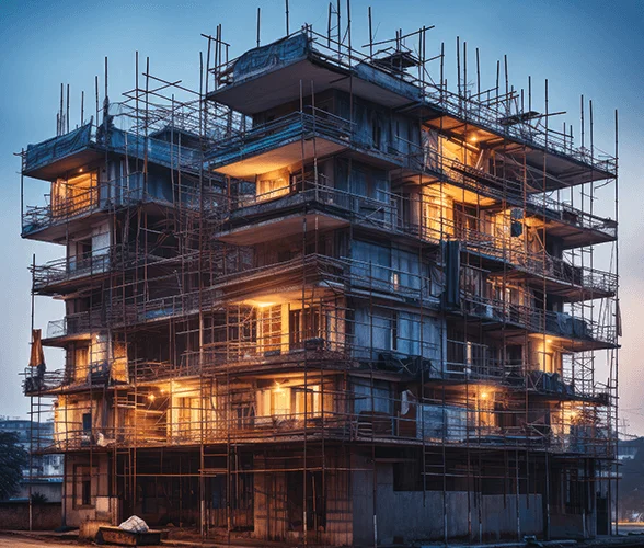 Under-construction residential building at dusk